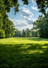 Obraz premium Green open field with trees and blue sky
