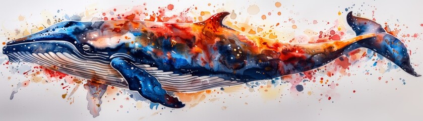Abstract watercolor painting of a whale with colorful splashes.