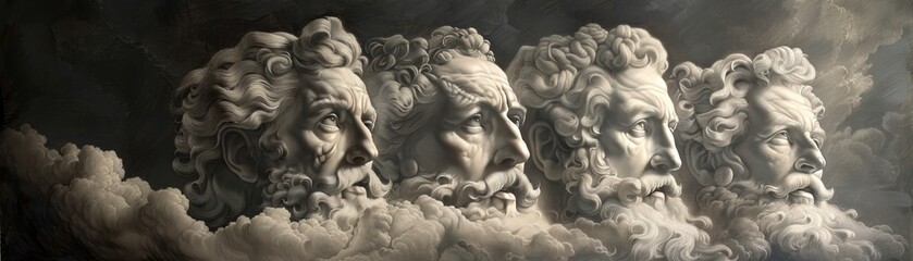 Fototapeta premium Four stone faces emerge from the clouds, shrouded in mystery.