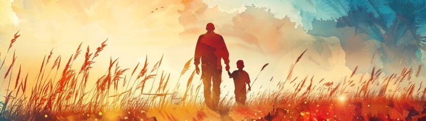 Obraz premium Silhouette of father and son walking through a field of tall grass, backlit by a vibrant sunset.