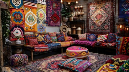 Cozy Bohemian Living Room with Vibrant Colors and Patterned Textiles