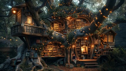 Magical Treehouse Library at Night - Generative AI