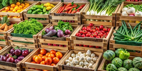 Assorted vegetables displayed in different crates , vegetables, assortment, diversity, organic, fresh, market