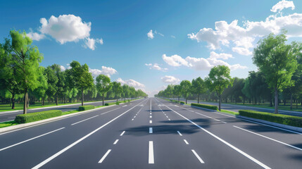 Close-up of a high-quality road surface with natural scenery on the sides. Urban development. Automobile highway. Science and technology concept.