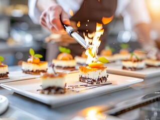 Chef using a blowtorch to caramelize a creme brulee, illustrating precision and attention to detail in dessert preparation