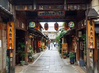 Fototapeta premium An old shopping street in Japan with people walking