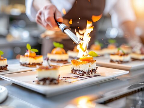 Chef using a blowtorch to caramelize a creme brulee, illustrating precision and attention to detail in dessert preparation