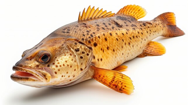 A close-up of an Atlantic cod fish, displaying its textured skin and vivid orange fins.