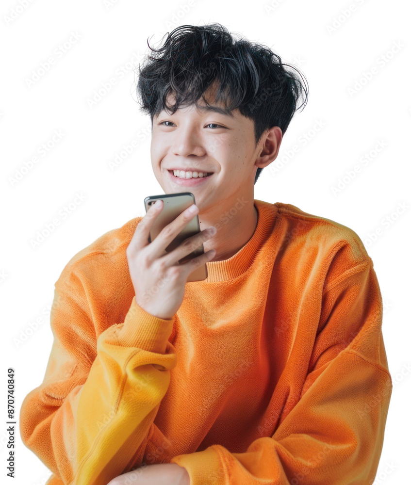 Poster png smiling man holding smartphone