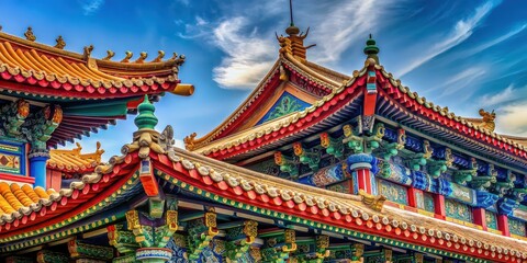 Naklejka premium Traditional Chinese temple roof with colorful ornate details , Chinese architecture, religious, cultural, intricate