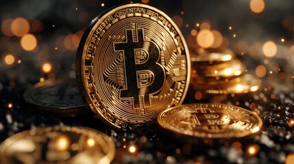 A glistening display of Bitcoin coins amidst a backdrop of soft lights, symbolizing modern digital wealth.