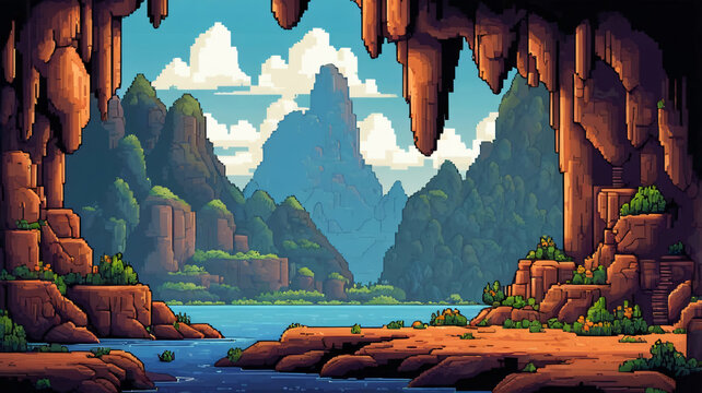 Pixel art game level design background, underground cave with stalactites and stalagmites