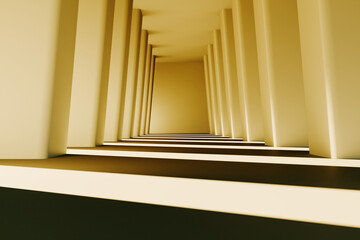 Close-up of concrete corridor with rays of sunset light. 3d rendering illustration.