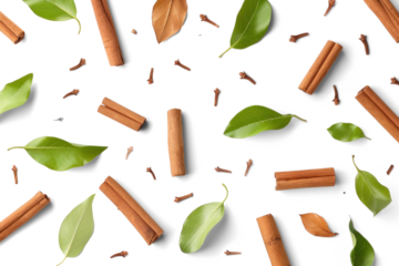 Cinnamon Sticks and Green Leaves on Transparent Background