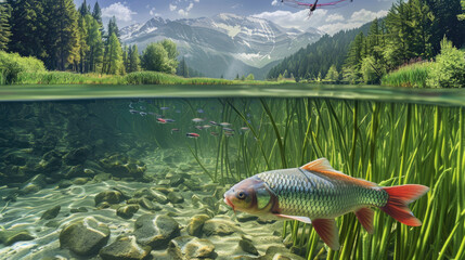 a silver carp swimming in the clear waters below, with mountains and forests visible above