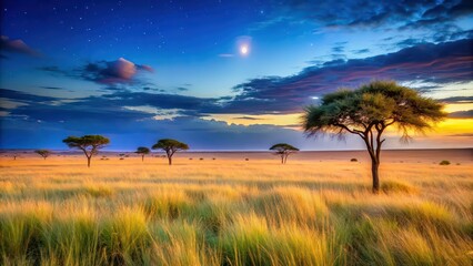 Obraz premium Twilight savannah landscape with shimmering grass , savannah, twilight, stars, grass, landscape, nature, scenic, Africa, dusk