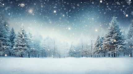 Obraz premium Snowy forest landscape with falling snow and a starry sky.