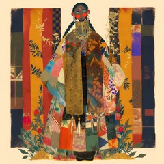 Colorful Abstract Artwork Featuring Woman in Traditional Garment and Geometric Patterns