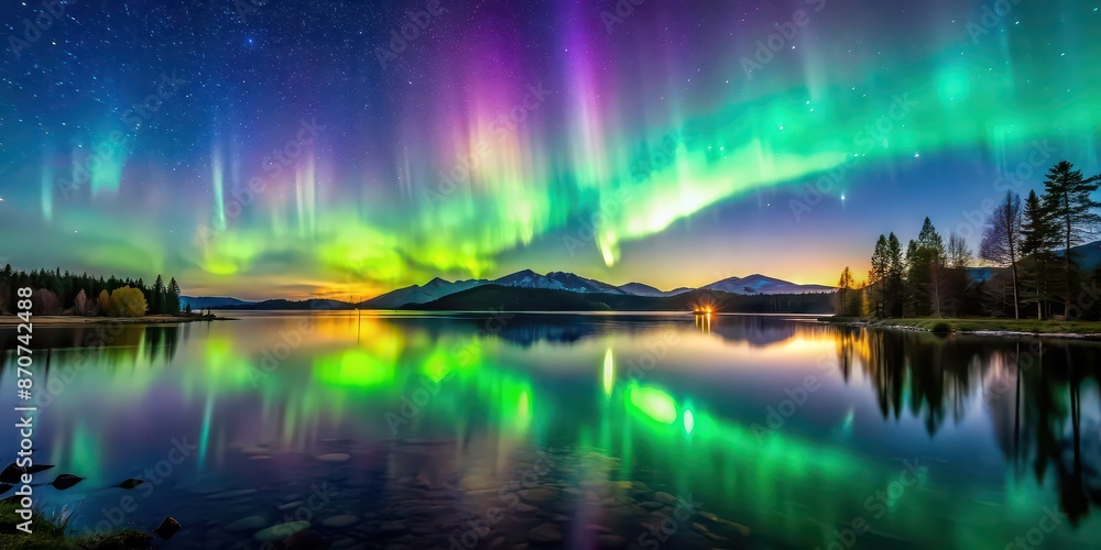 Sticker Aurora borealis illuminating the night sky over a tranquil lake, northern lights, aurora, borealis, sky, stars, night, reflection