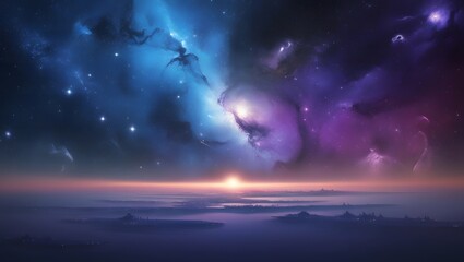 Obraz premium Star-filled Star Wars universe with swirling nebulae and distant galaxies in deep blue and purple, creating an epic backdrop.