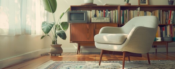 Cozy Nostalgic 90s Living Room with Warm Light, Armchair, Bookshelf, and VHS Tapes