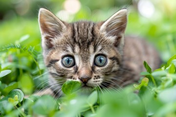 Fototapeta premium Tabby Kitten Peeking Through Green Grass on a Sunny Day