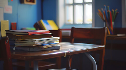 Pile of books on the desk in the classroom. Education concept