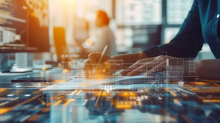 Civil engineer consulting with clients in a modern office, architectural drawings and digital screens around, demonstrating client interaction and project management