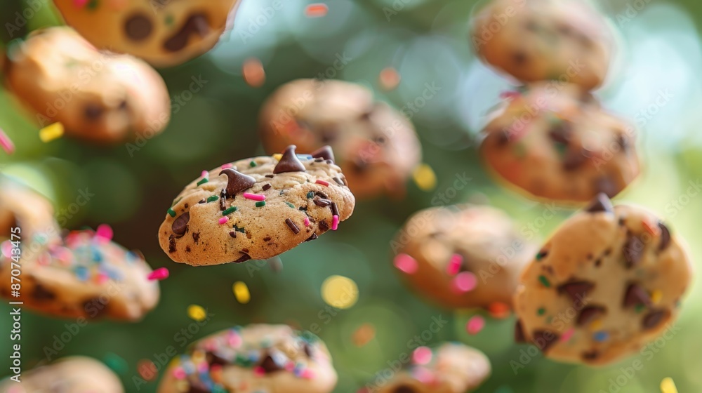 Poster close-up of chocolate chip cookies with colorful sprinkles floating in the air, creating a playful a
