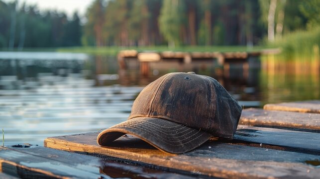A weathered cap resting on a wooden dock by a serene lake, evoking feelings of nostalgia and peacefulness.