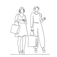 One continuous single drawing line art flat doodle  two girls girlfriends go shopping, carry bags of purchases. Isolated image hand draw contour on a white background
