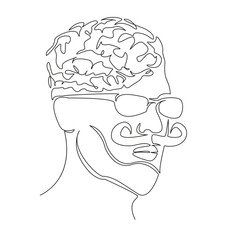 One continuous single drawing line art flat doodle head with brains, convolutions, thoughts, think, comprehension, glasses, mustache, fashion. Isolated image hand draw contour on a white background