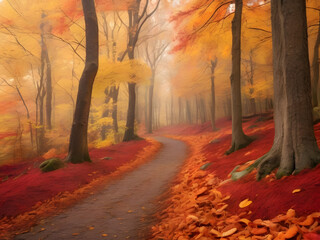 Fototapeta premium landscape photography style, A vibrant autumn forest with a pathway covered in fallen leaves, trees displaying a spectrum of reds, oranges, and yellows, and a gentle breeze rustling the foliage