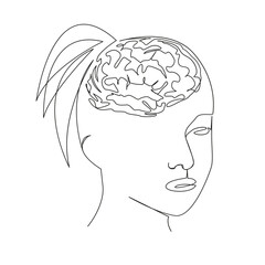 One continuous single drawing line art flat doodle  female head with brains, convolutions, thoughts, think, beauty. Isolated image hand draw contour on a white background
