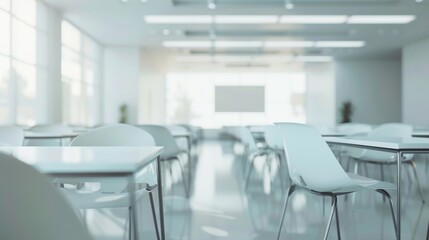 An empty, modern classroom featuring white chairs and tables, ready for students, symbolizing education and learning.