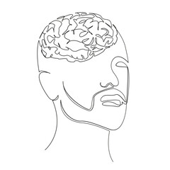 One continuous single drawing line art flat doodle male head with brains, thoughts, figure out, mind. Isolated image hand draw contour on a white background
