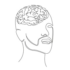 One continuous single drawing line art flat doodle male head with brains, thoughts, figure out, mind. Isolated image hand draw contour on a white background
