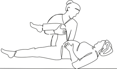 One continuous single drawing line art flat doodle  Osteopathic doctor helps a pregnant woman give a massage. Isolated image hand draw contour on a white background
