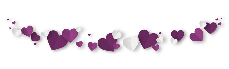 Dark purple origami paper hearts isolated on transparent background.
