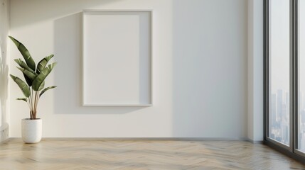 Modern Minimalist Interior with Large Blank Frame and Potted Plant Near Floor-to-Ceiling Window.