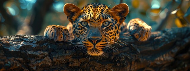 A close-up shot of a leopard resting on a tree branch, its piercing eyes looking directly into the camera.