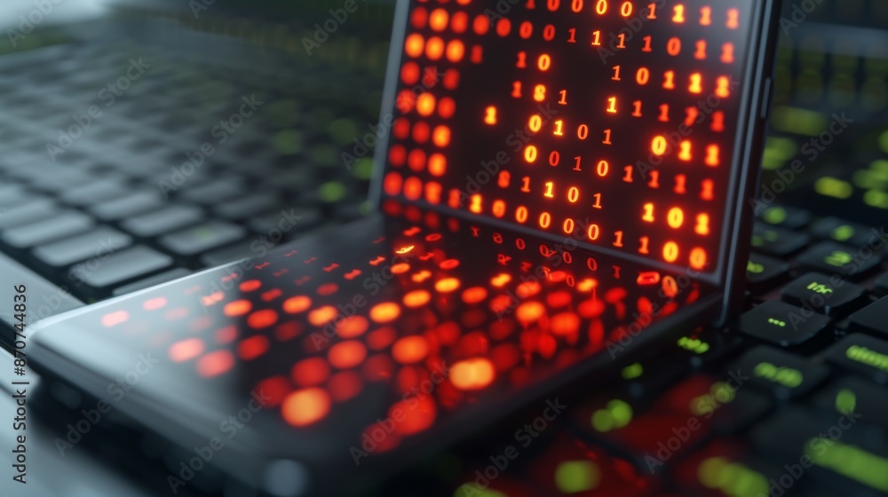 Aufkleber a smartphone compromised by malware, showing the hidden processes and data breaches.