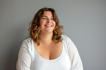 Obraz premium Happy plus size model on gray background, fat woman with chubby face, body positive concept