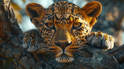 Obraz premium A close-up shot of a leopard resting on a tree branch, its piercing eyes looking directly into the camera.