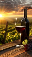 Glass of red wine, bottle and grapes on a wooden table at sunset in vineyard. Wine tasting concept