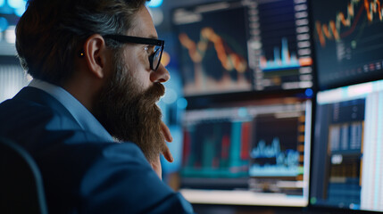 Focused man in suit and glasses observing multiple screens