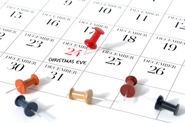 Calendar with Red Pushpin. Christmas Eve Concept Using White Background. 3d Rendering