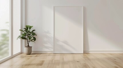 Minimalist Interior with Blank Canvas Frame and Potted Plant in Sunlit Room with Wooden Flooring.