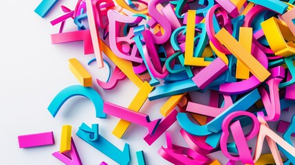Messy pile of colorful 3d letters on a white background with space for text
