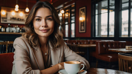 Beautiful woman having coffee in cafe. Attractive young girl feeling happy and relax